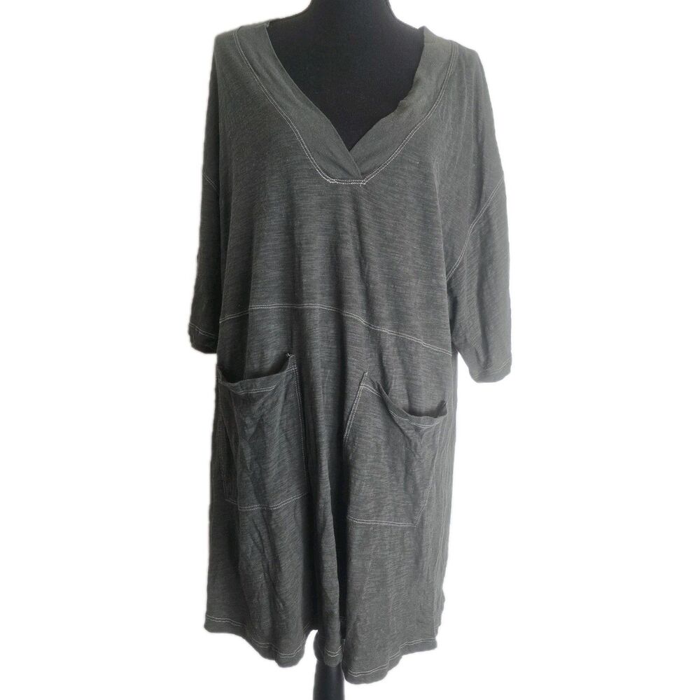 Natural Life Charlie Mini Dress Large V-Neck Green Pockets Shift 100% Cotton